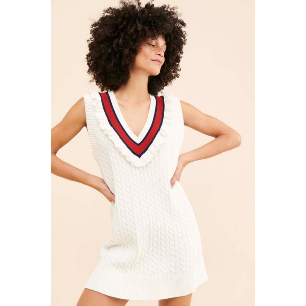 Nuuly The Upside Ruffled Sleeveless Sweater Dress Tenniscore Cable Knit‎ Mini